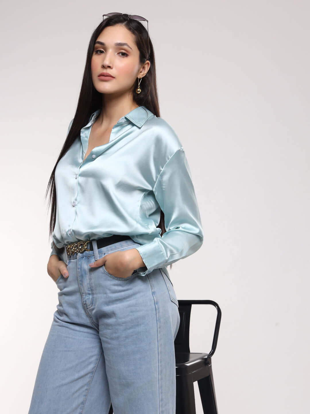 Women'S Premium Light Cyan Drop Shoulder Oversized Satin Shirt