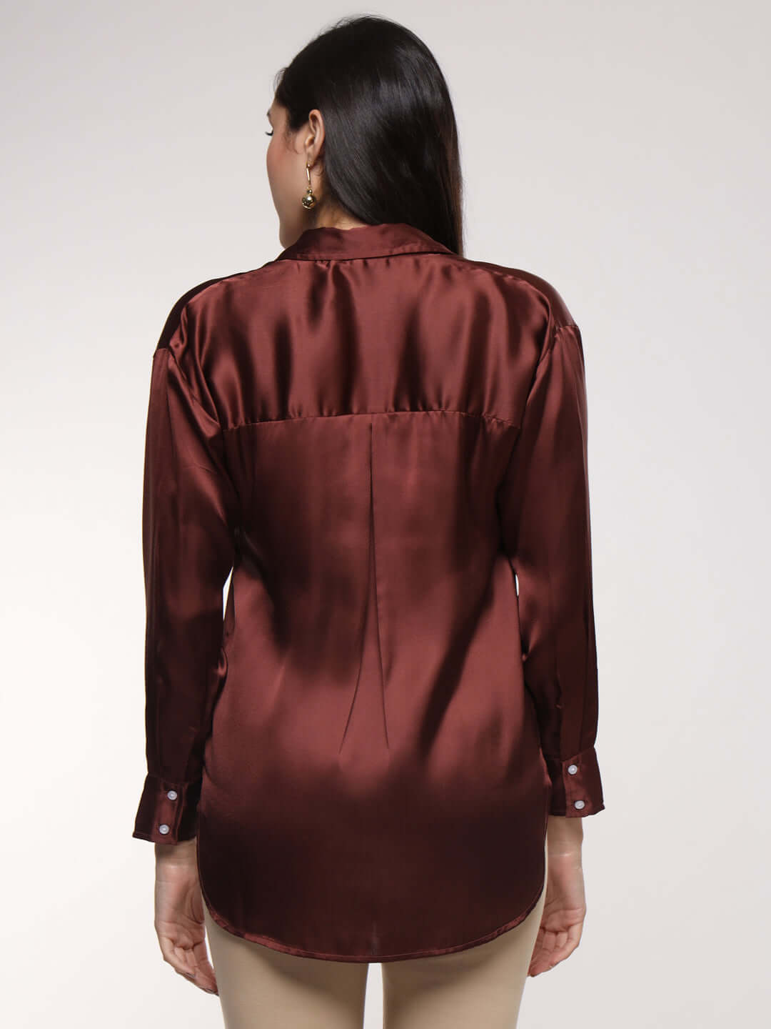 Women'S Premium Chocolate Brown Drop Shoulder Oversized Satin Shirt