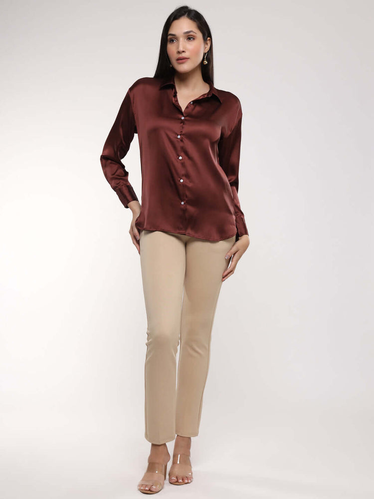 Women'S Premium Chocolate Brown Drop Shoulder Oversized Satin Shirt