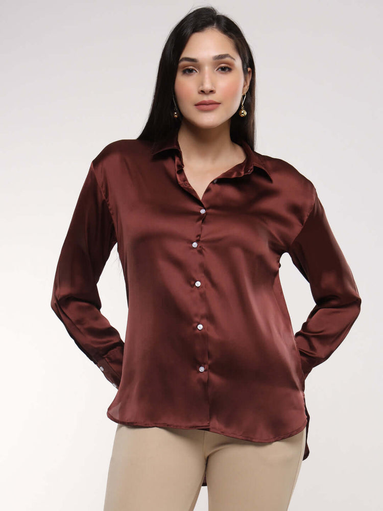 Women'S Premium Chocolate Brown Drop Shoulder Oversized Satin Shirt