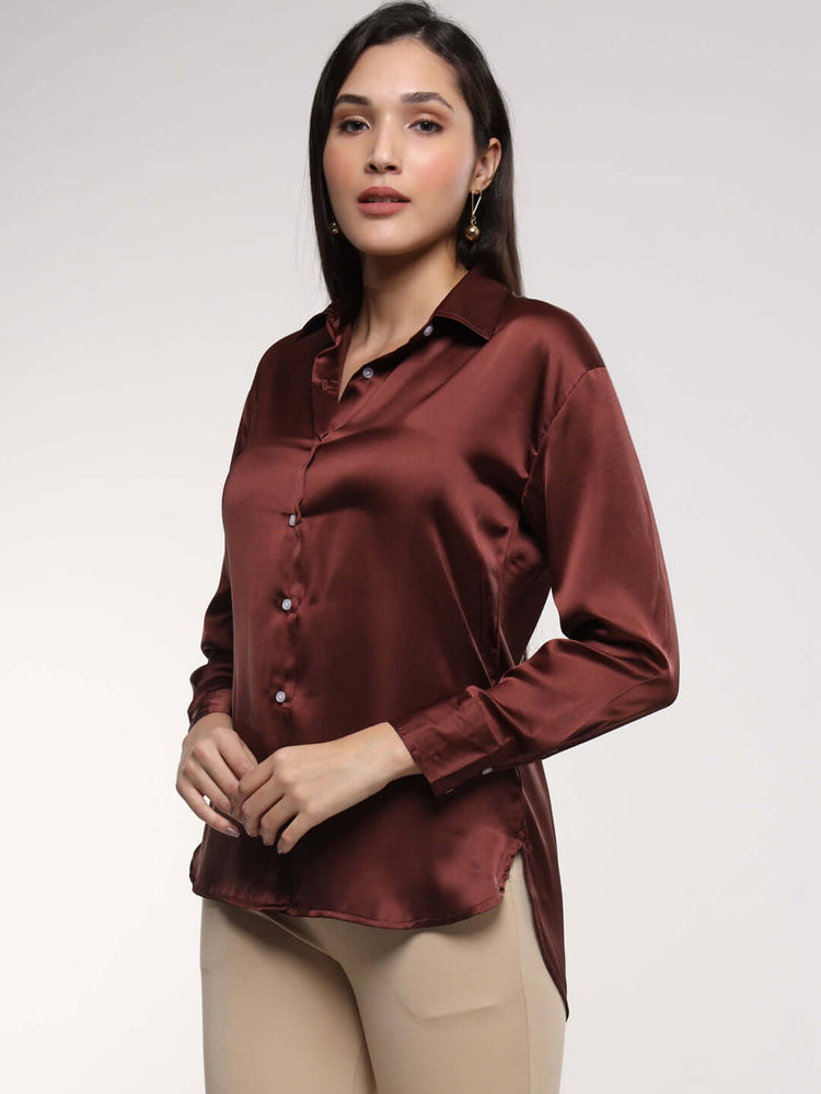 Women'S Premium Chocolate Brown Drop Shoulder Oversized Satin Shirt