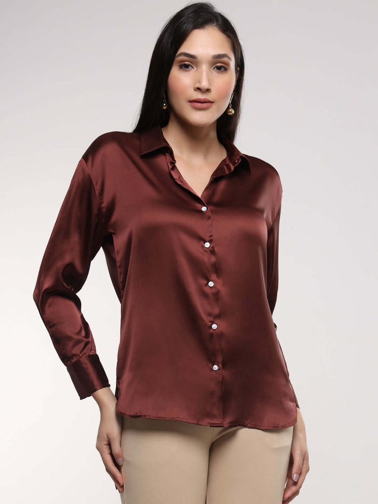 Women'S Premium Chocolate Brown Drop Shoulder Oversized Satin Shirt