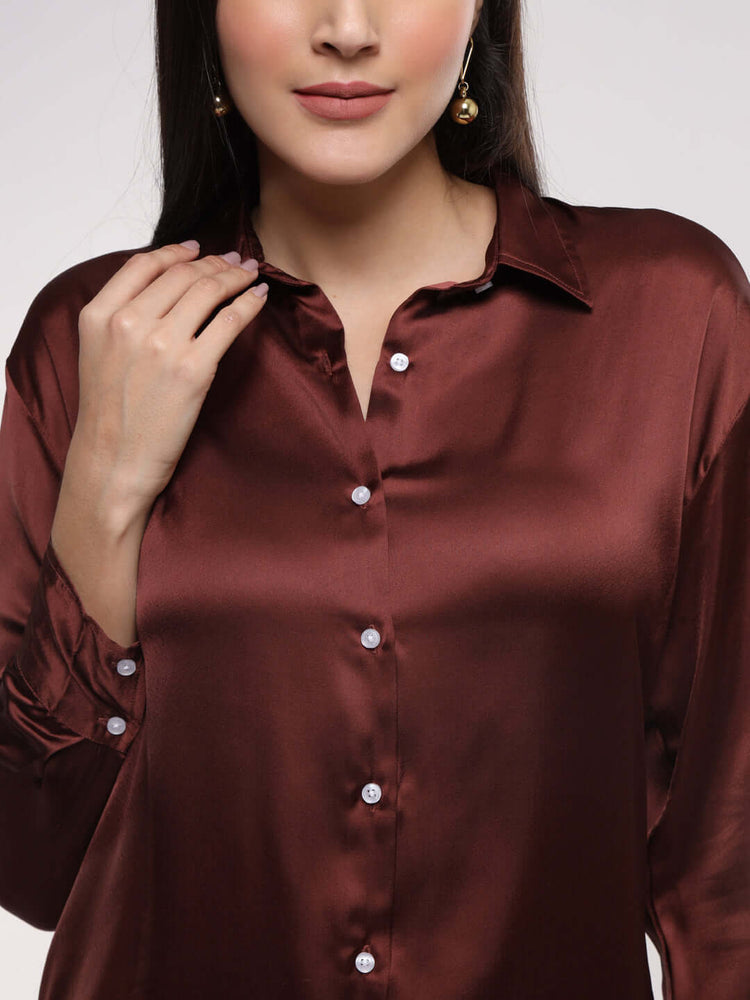 Women'S Premium Chocolate Brown Drop Shoulder Oversized Satin Shirt