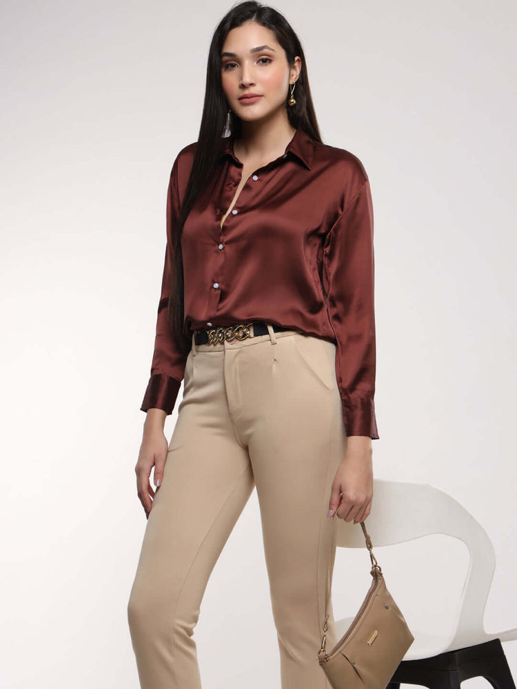 Women'S Premium Chocolate Brown Drop Shoulder Oversized Satin Shirt