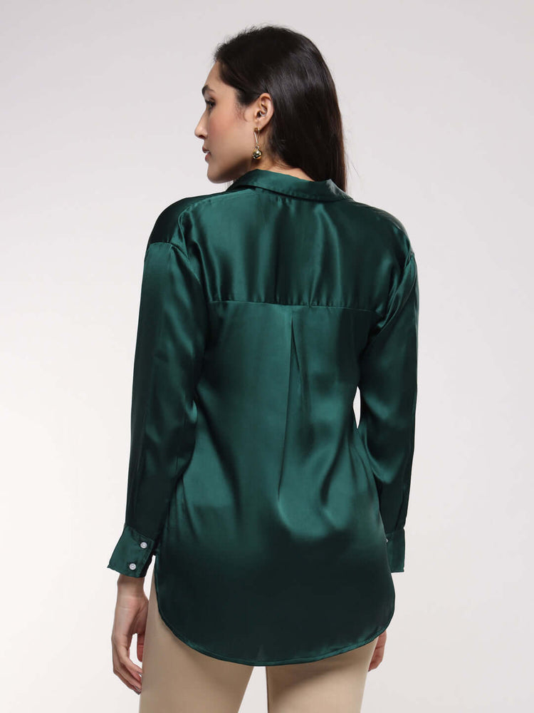 Women'S Premium Emerald Green Drop Shoulder Oversized Satin Shirt