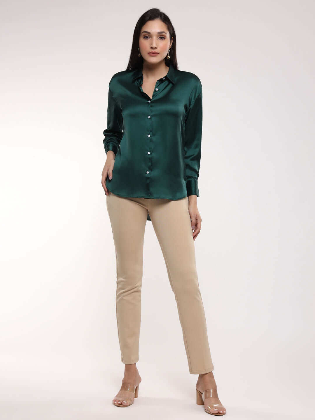 Women'S Premium Emerald Green Drop Shoulder Oversized Satin Shirt