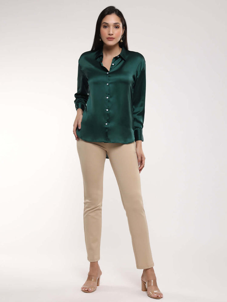 Women'S Premium Emerald Green Drop Shoulder Oversized Satin Shirt