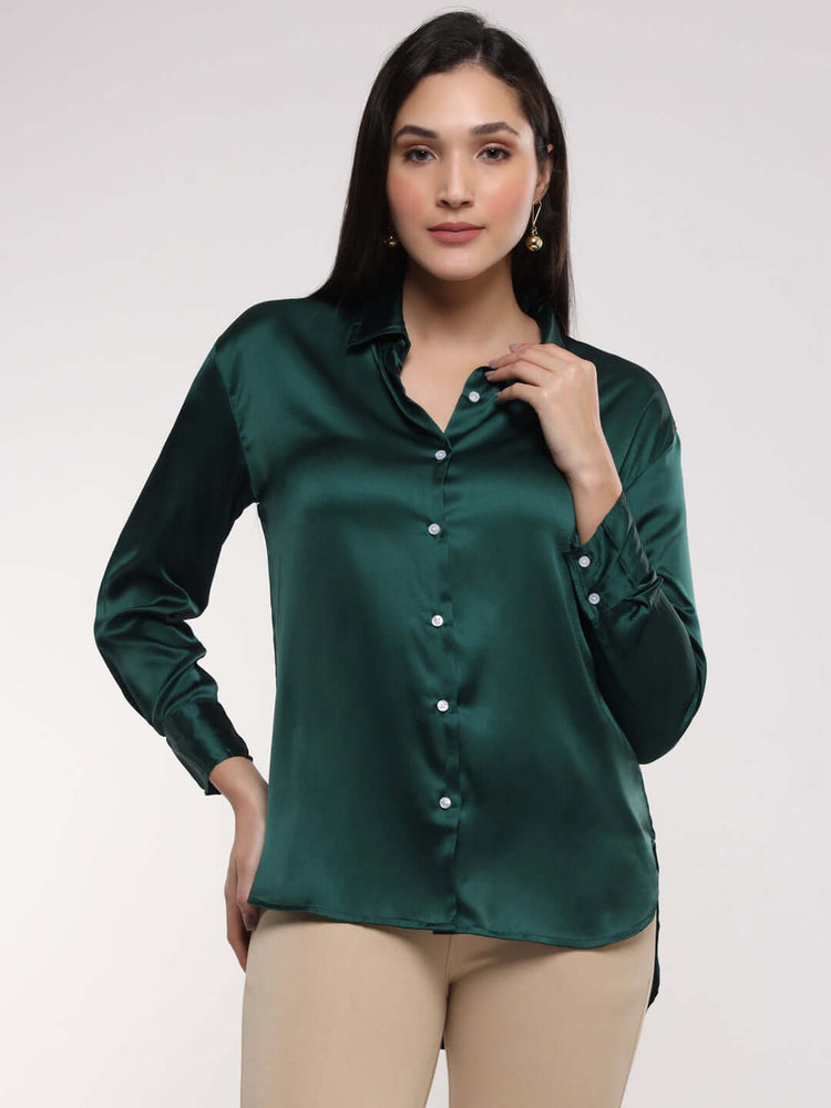 Women'S Premium Emerald Green Drop Shoulder Oversized Satin Shirt
