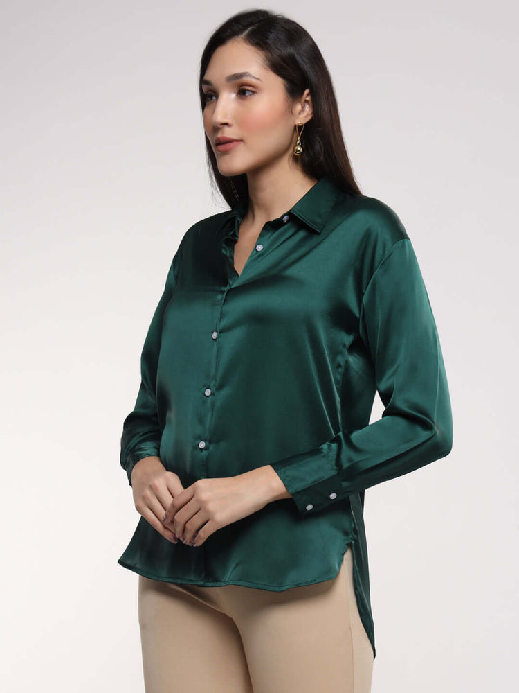 Women'S Premium Emerald Green Drop Shoulder Oversized Satin Shirt