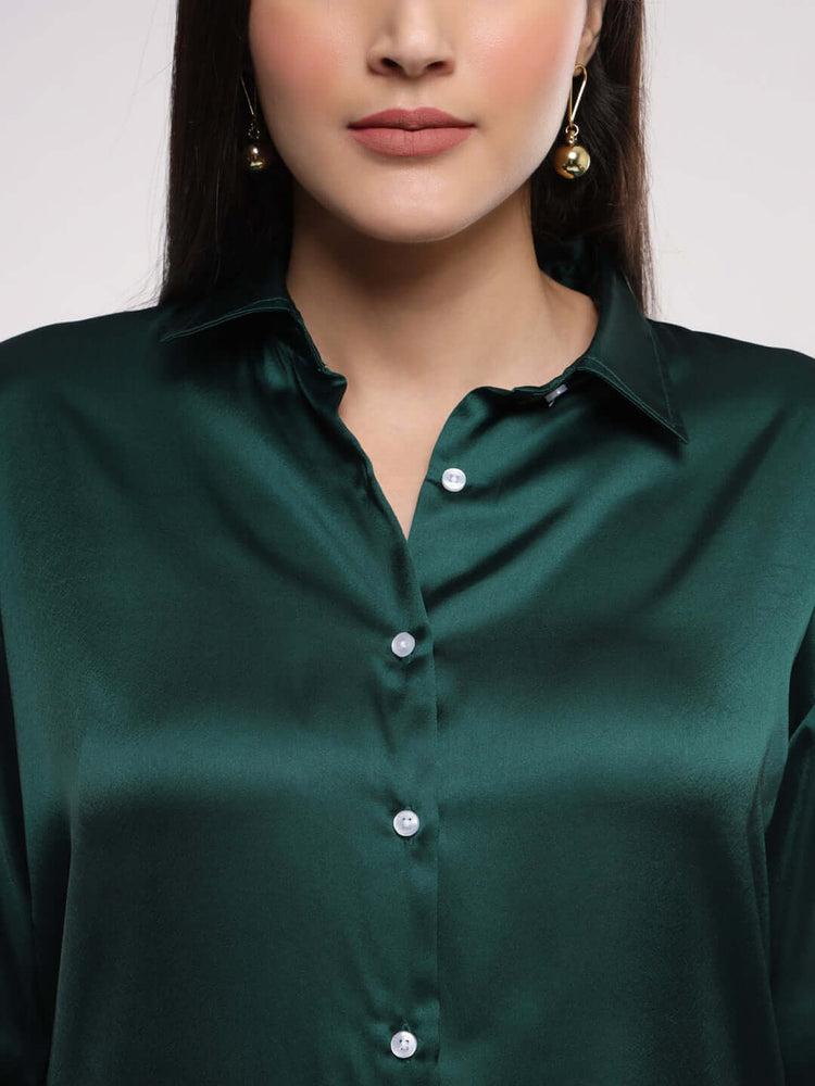 Women'S Premium Emerald Green Drop Shoulder Oversized Satin Shirt