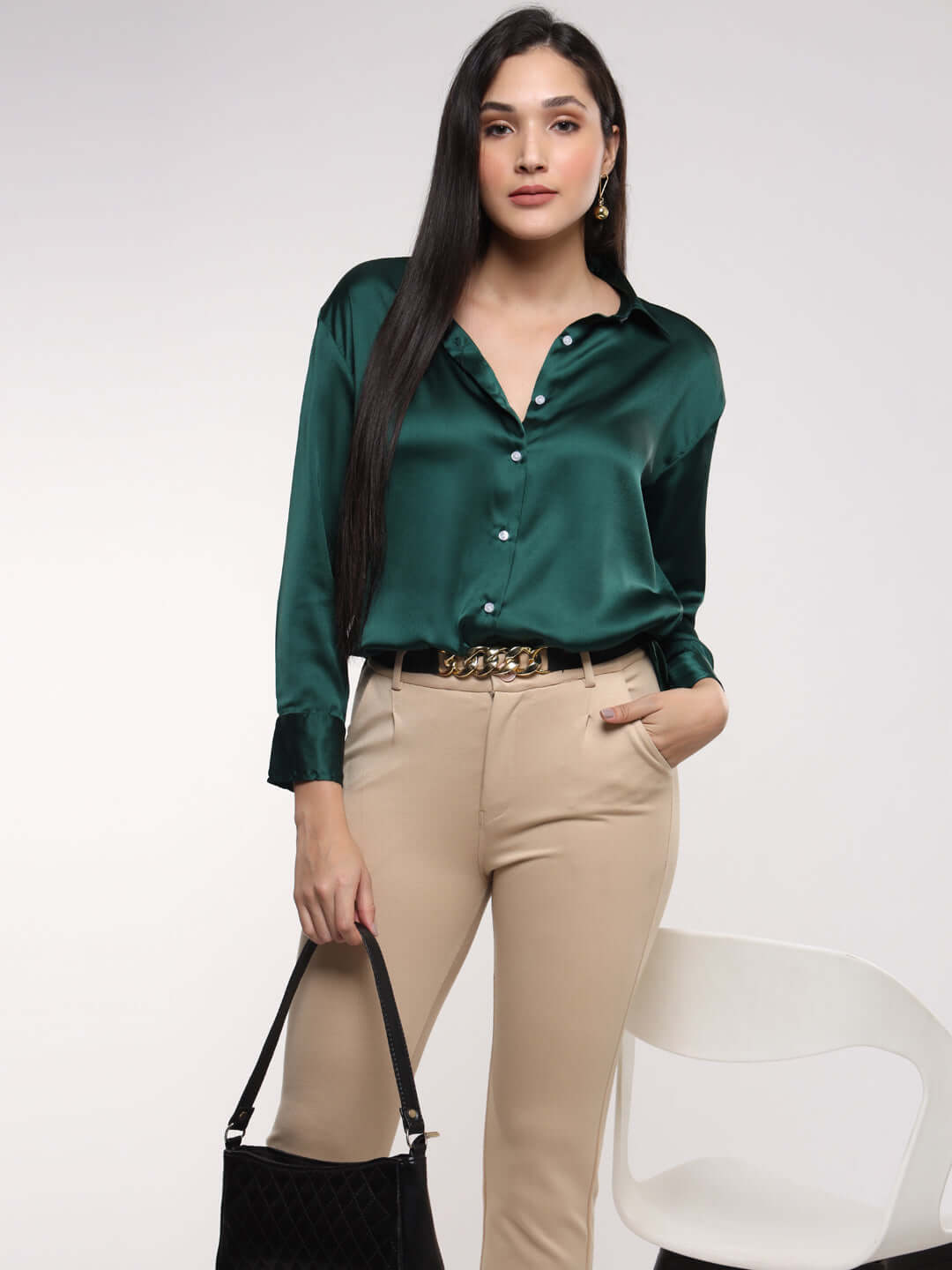 Women'S Premium Emerald Green Drop Shoulder Oversized Satin Shirt