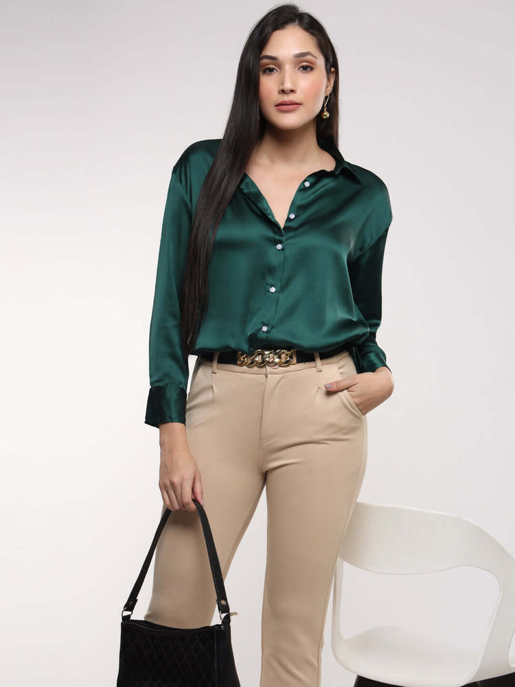 Women'S Premium Emerald Green Drop Shoulder Oversized Satin Shirt