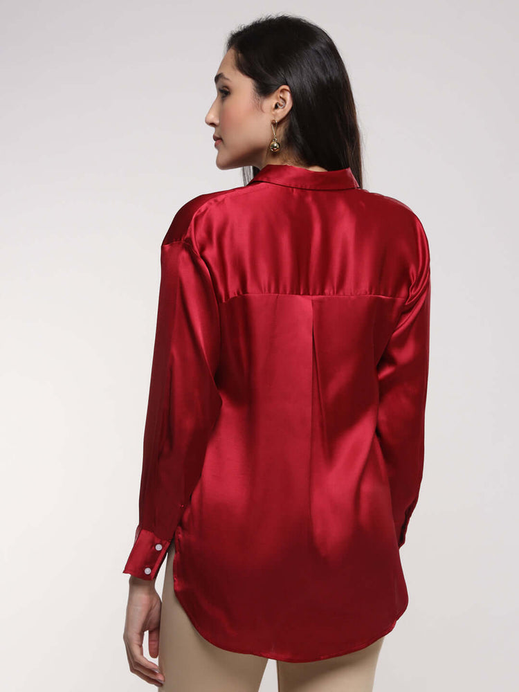 Women'S Premium Maroon Drop Shoulder Oversized Satin Shirt