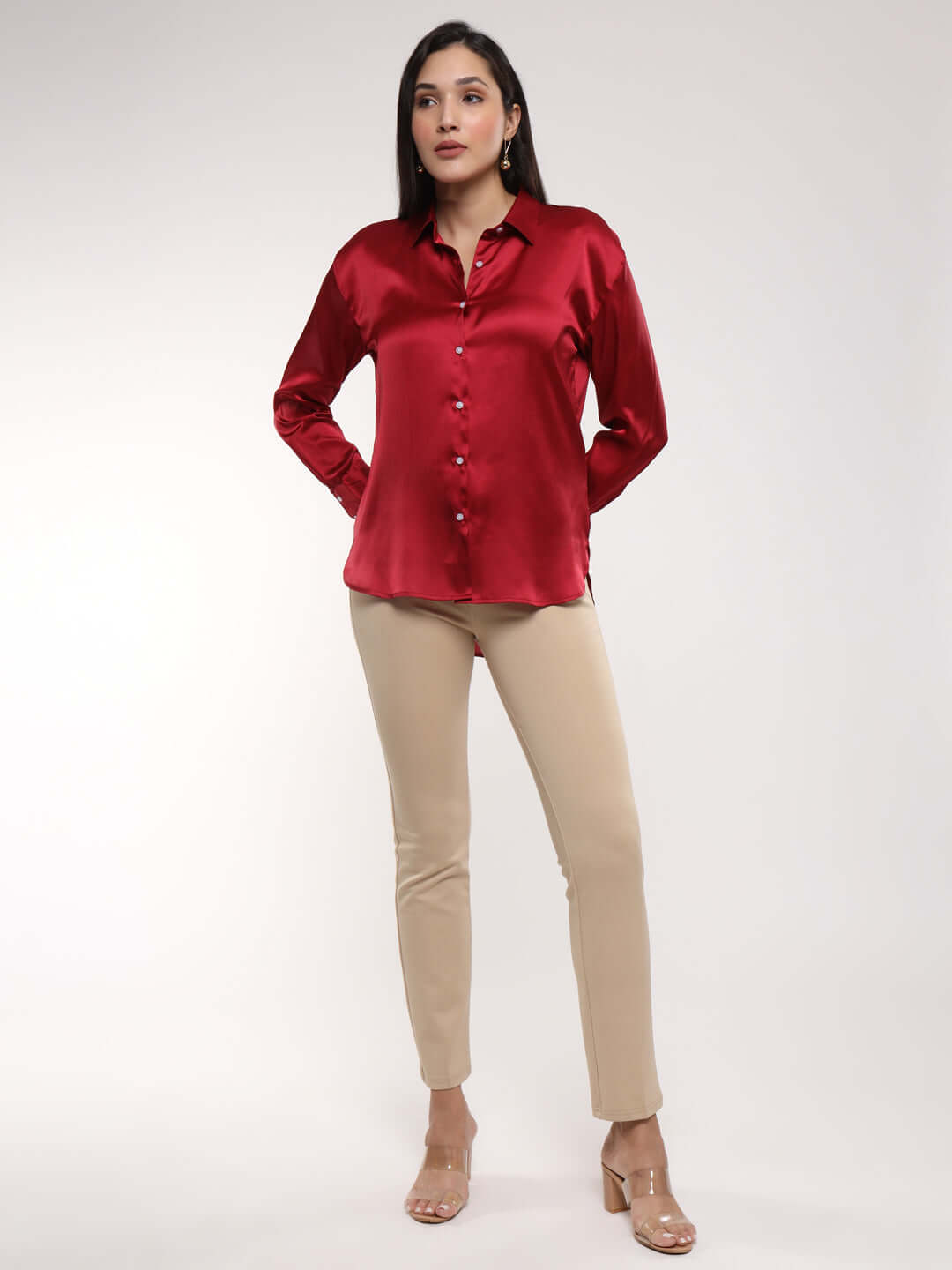 Women'S Premium Maroon Drop Shoulder Oversized Satin Shirt