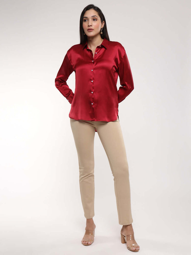 Women'S Premium Maroon Drop Shoulder Oversized Satin Shirt
