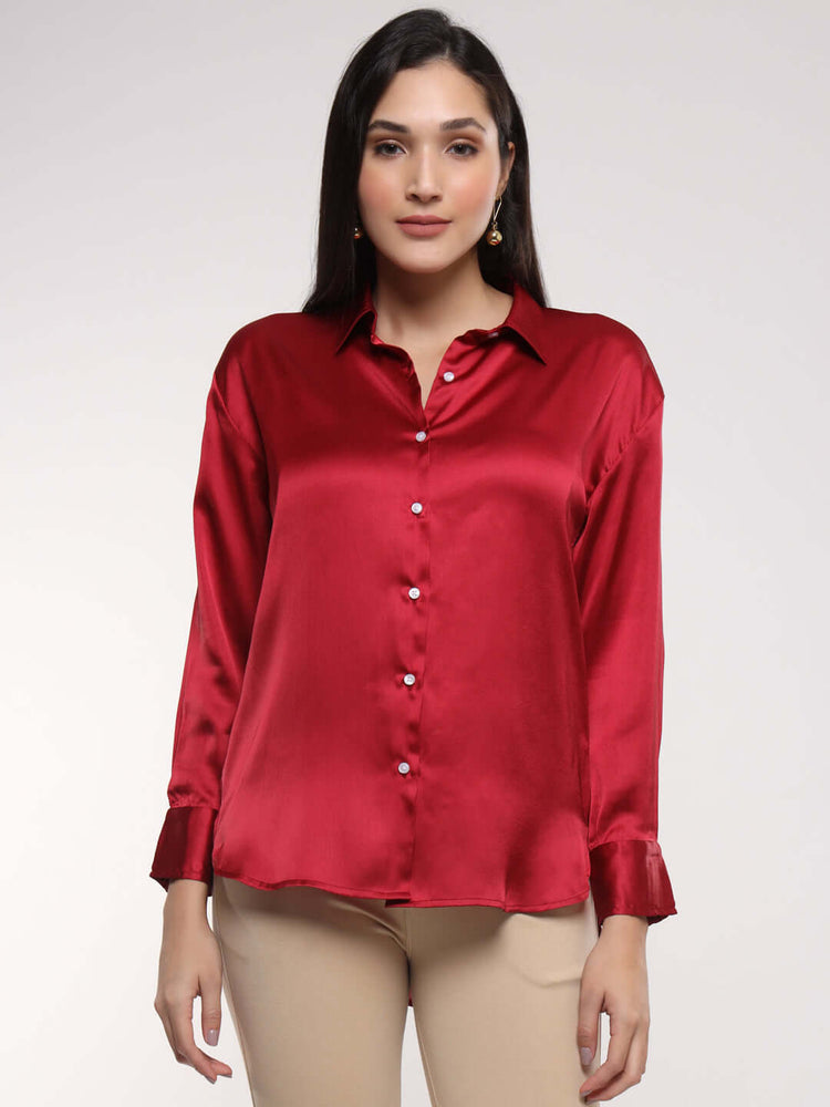 Women'S Premium Maroon Drop Shoulder Oversized Satin Shirt