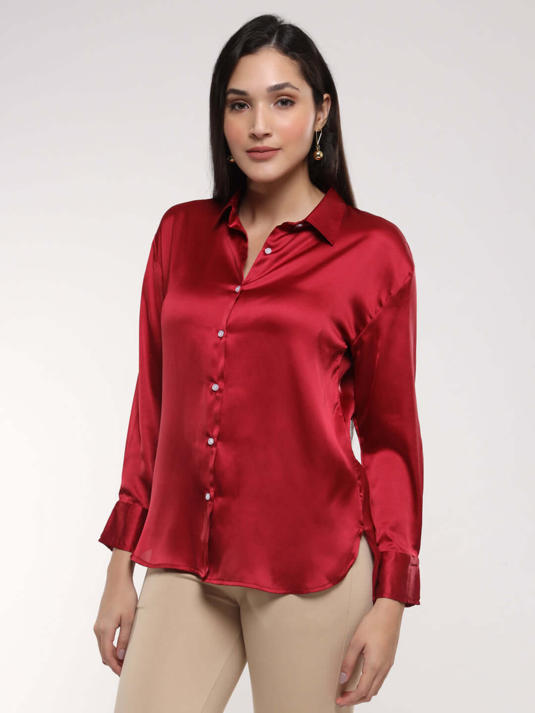 Women'S Premium Maroon Drop Shoulder Oversized Satin Shirt