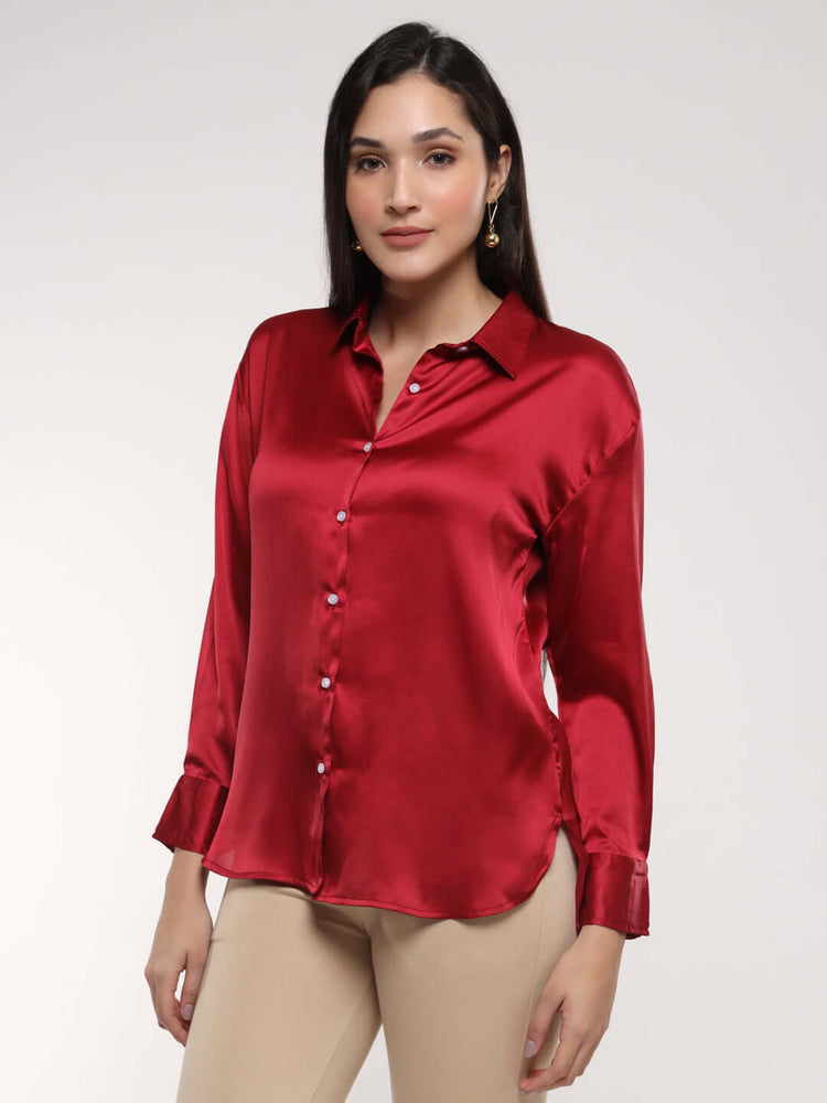 Women'S Premium Maroon Drop Shoulder Oversized Satin Shirt