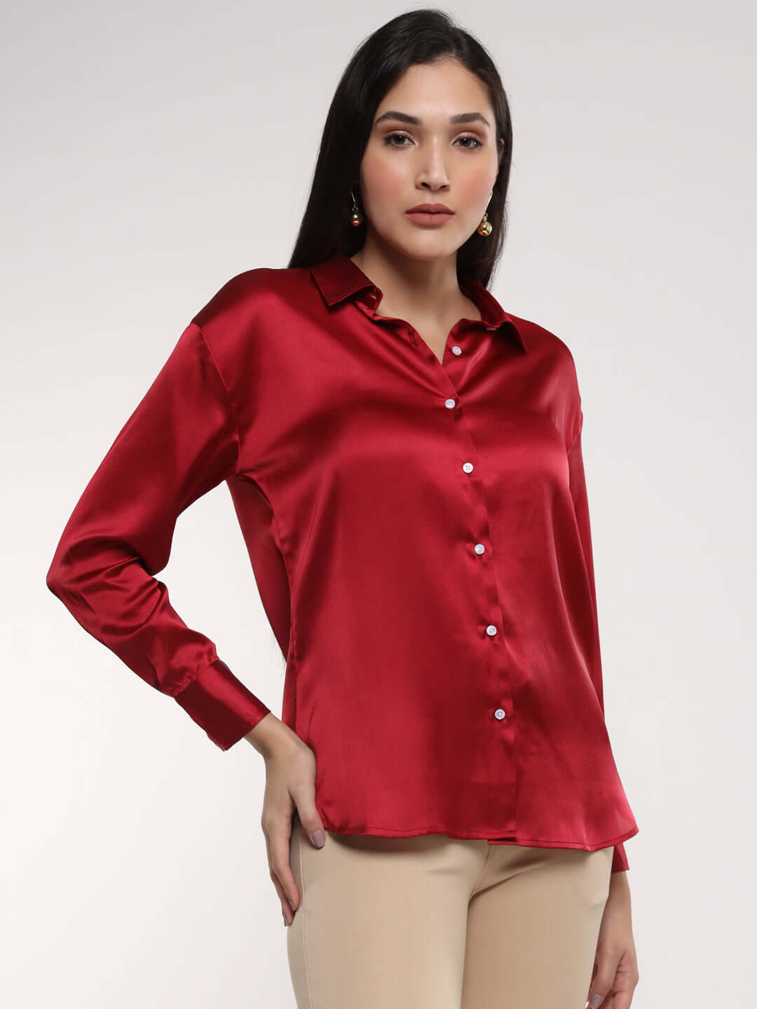 Women'S Premium Maroon Drop Shoulder Oversized Satin Shirt