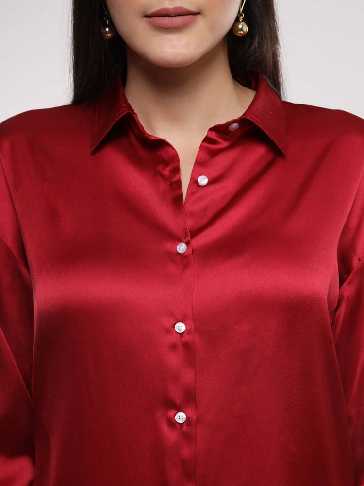 Women'S Premium Maroon Drop Shoulder Oversized Satin Shirt