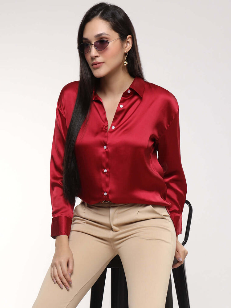 Women'S Premium Maroon Drop Shoulder Oversized Satin Shirt