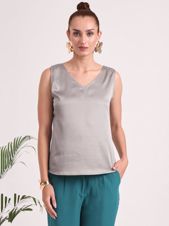Women's European Satin V Neck Sleeveless Top
