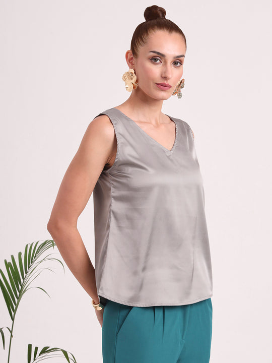 Women's European Satin V Neck Sleeveless Top