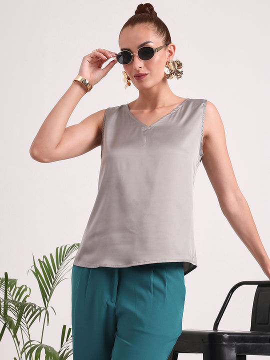 Women's European Satin V Neck Sleeveless Top