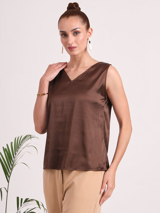 Women's European Satin V Neck Sleeveless Top