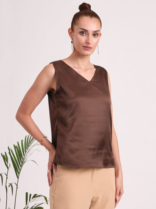 Women's European Satin V Neck Sleeveless Top