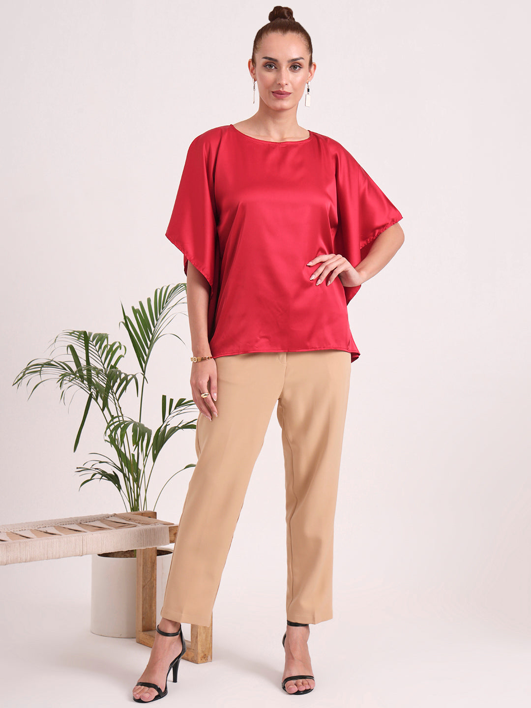 Women's European Satin Solid Baturing Sleeve Crepe