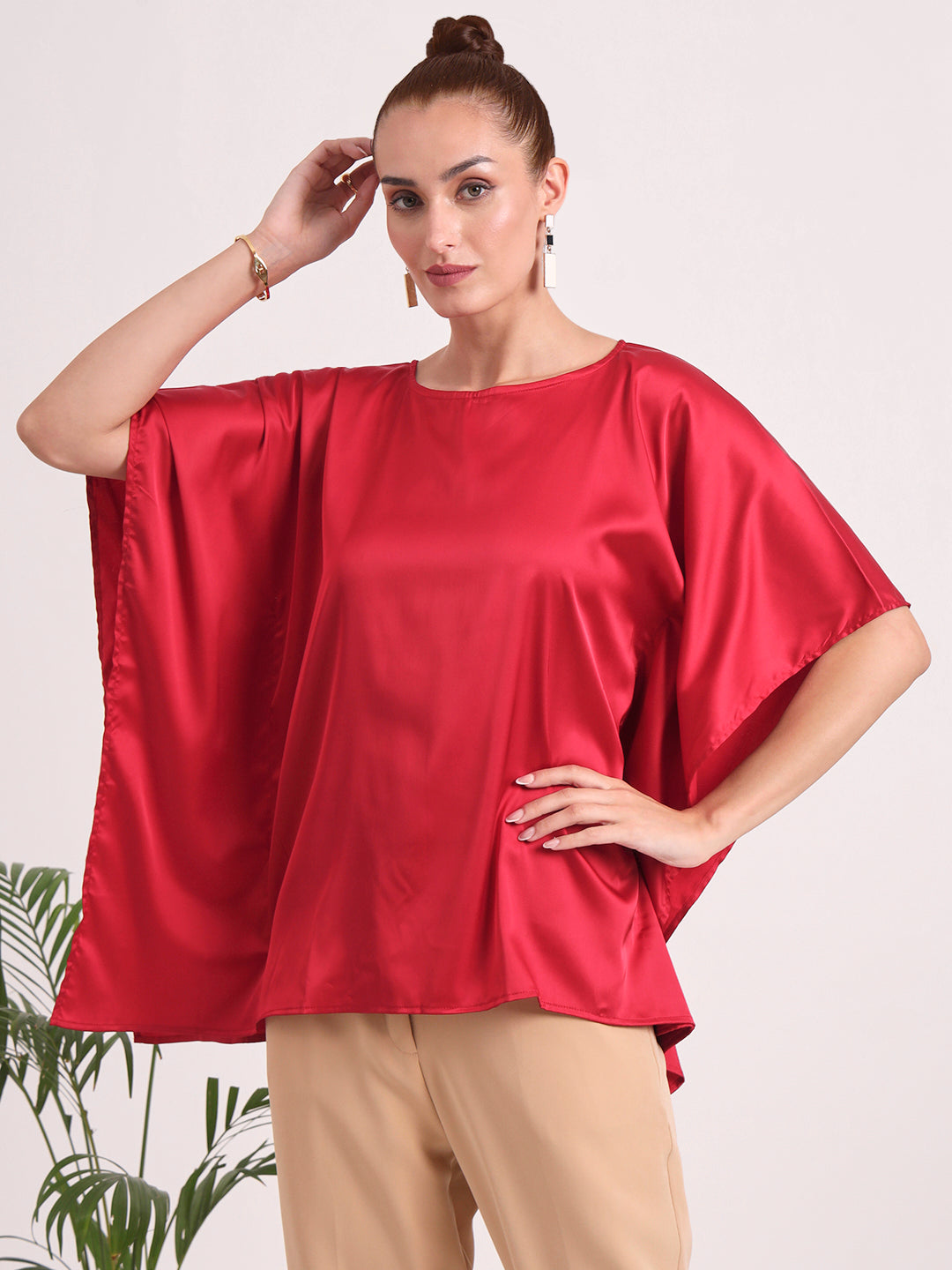 Women's European Satin Solid Baturing Sleeve Crepe
