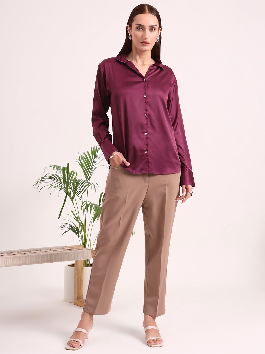 Women's European Satin Spread Collar Shirt