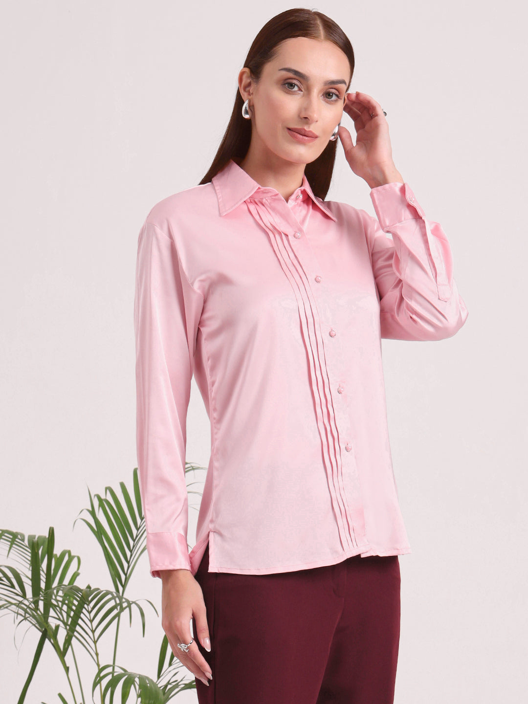 Tailored Fit European Satin Shirt With Pleated Placket