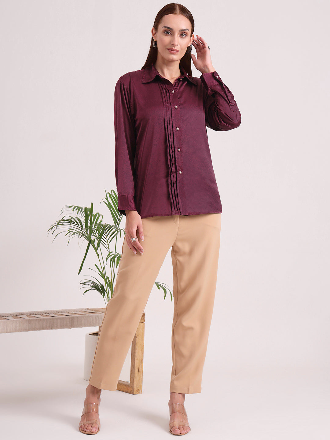 Tailored Fit European Satin Shirt With Pleated Placket