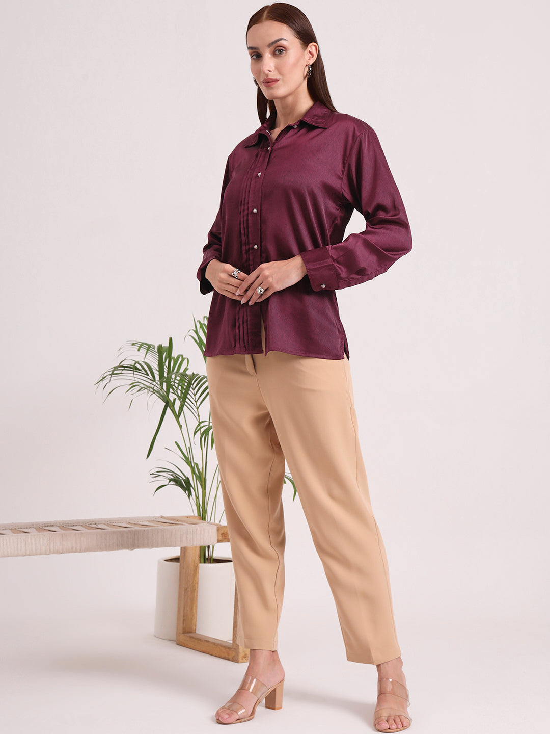 Tailored Fit European Satin Shirt With Pleated Placket