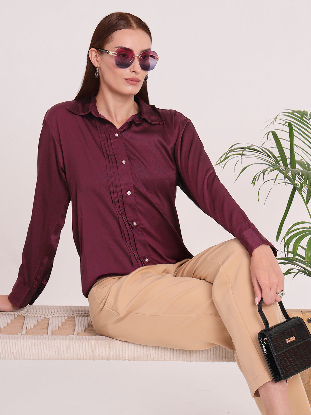 Tailored Fit European Satin Shirt With Pleated Placket