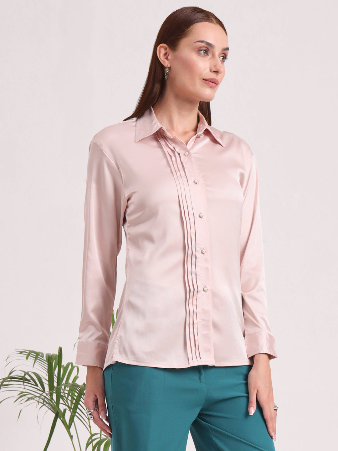 Tailored Fit European Satin Shirt With Pleated Placket