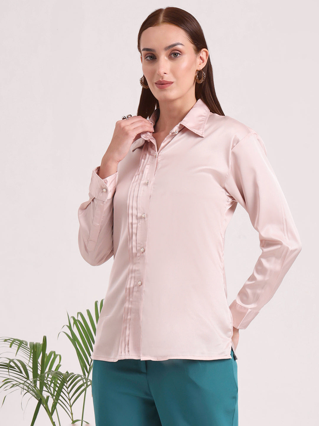 Tailored Fit European Satin Shirt With Pleated Placket