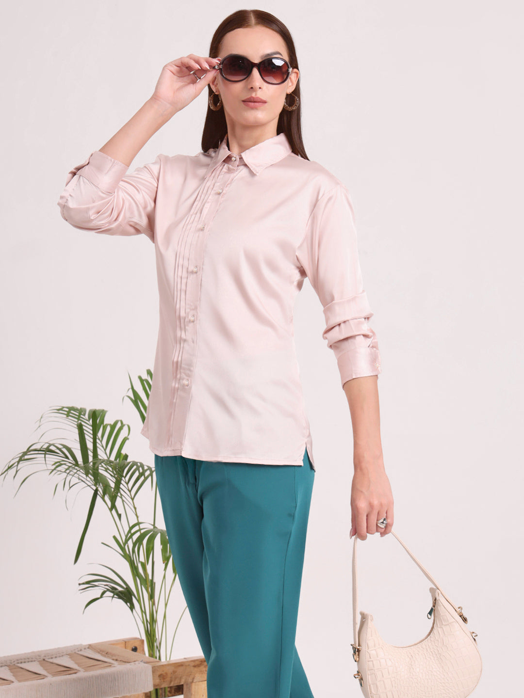 Tailored Fit European Satin Shirt With Pleated Placket