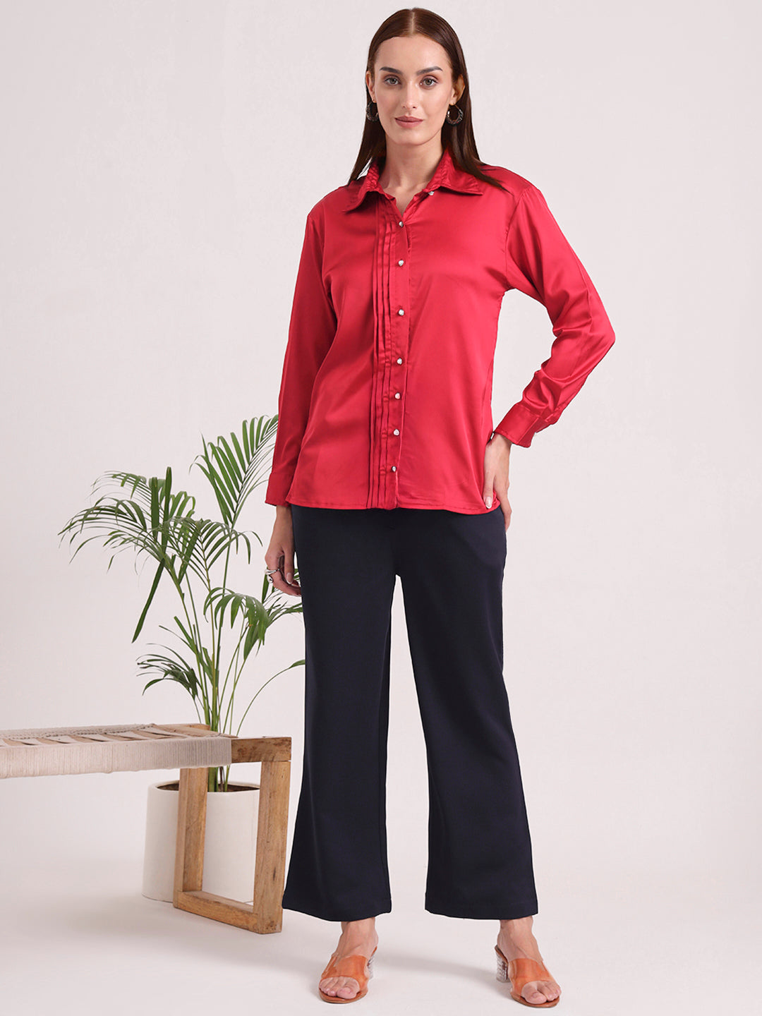 Tailored Fit European Satin Shirt With Pleated Placket