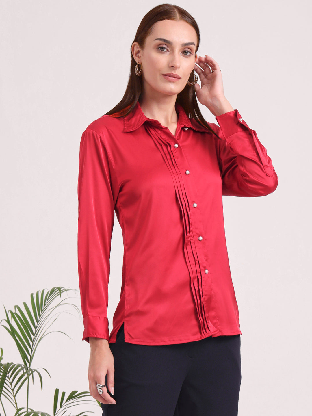 Tailored Fit European Satin Shirt With Pleated Placket