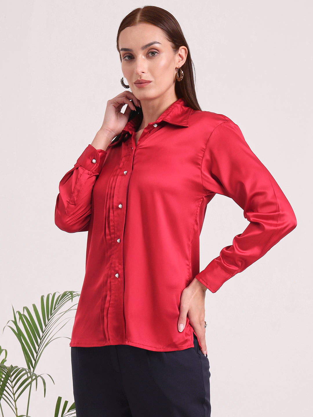 Tailored Fit European Satin Shirt With Pleated Placket
