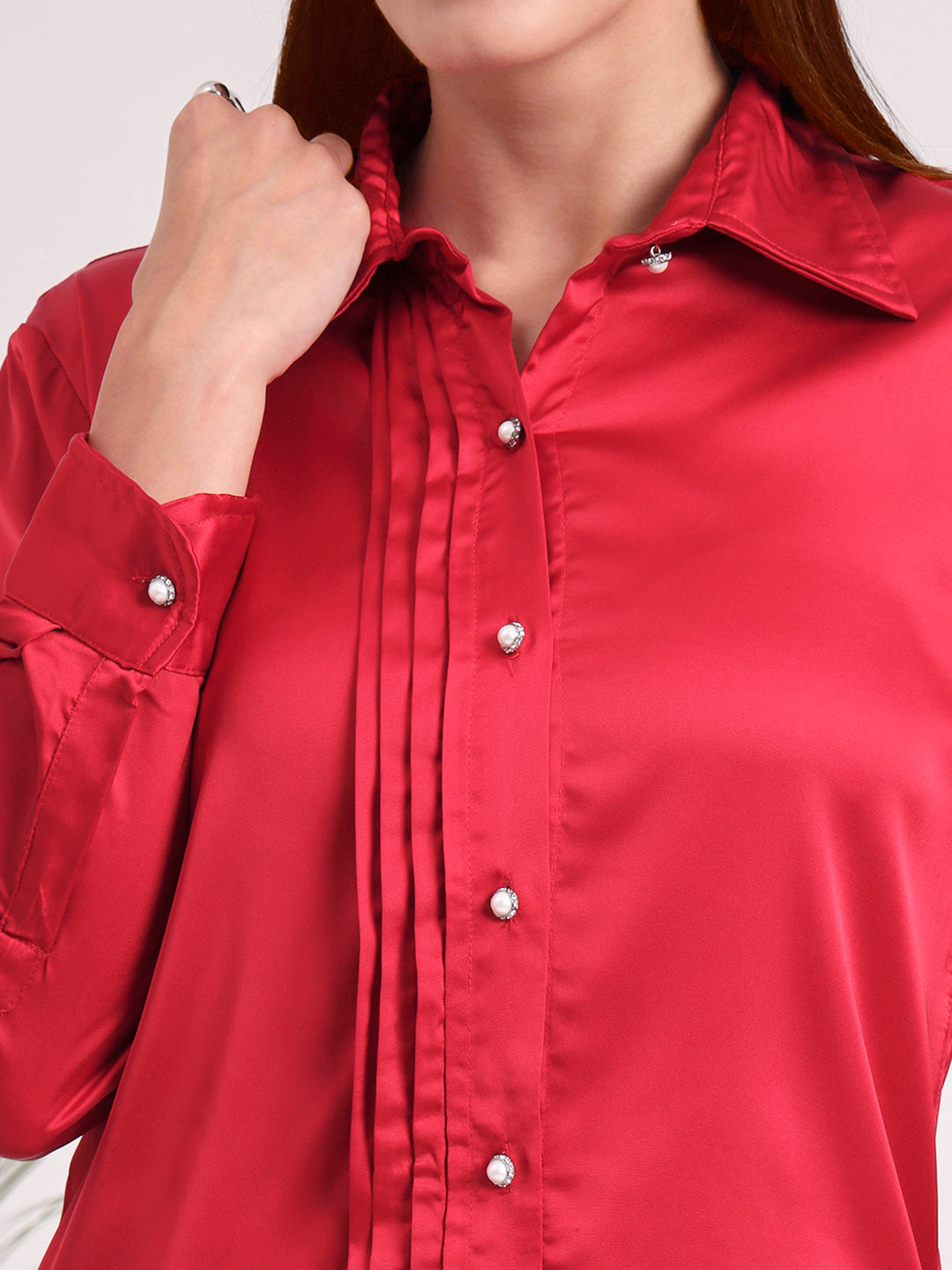 Tailored Fit European Satin Shirt With Pleated Placket