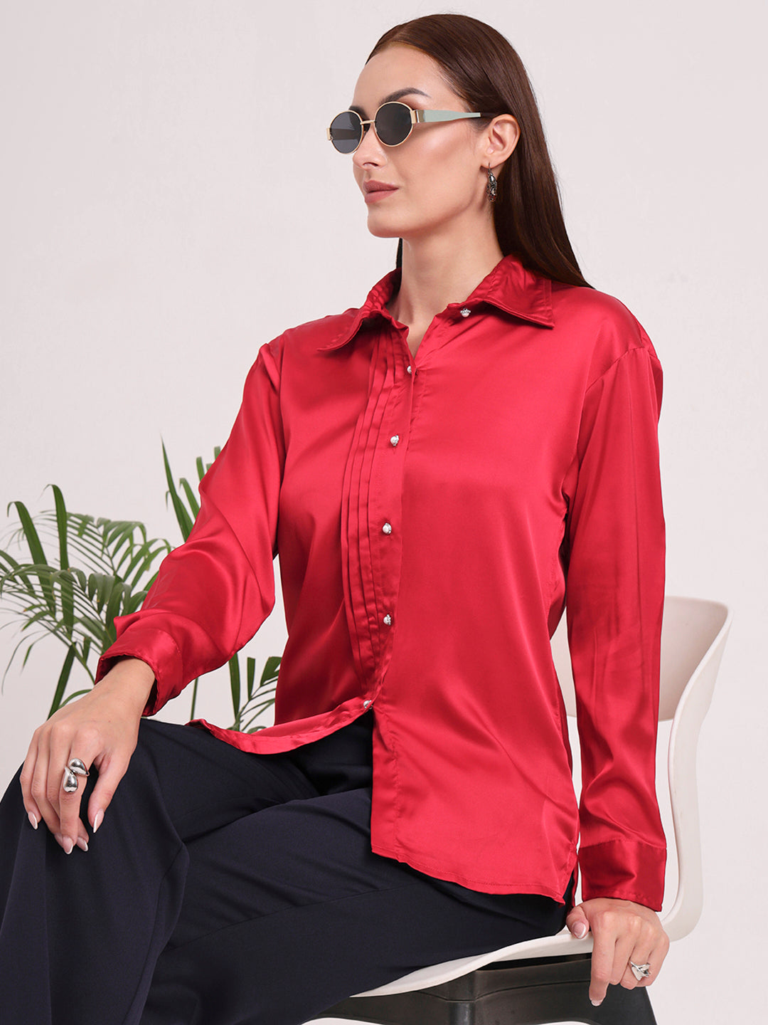 Tailored Fit European Satin Shirt With Pleated Placket