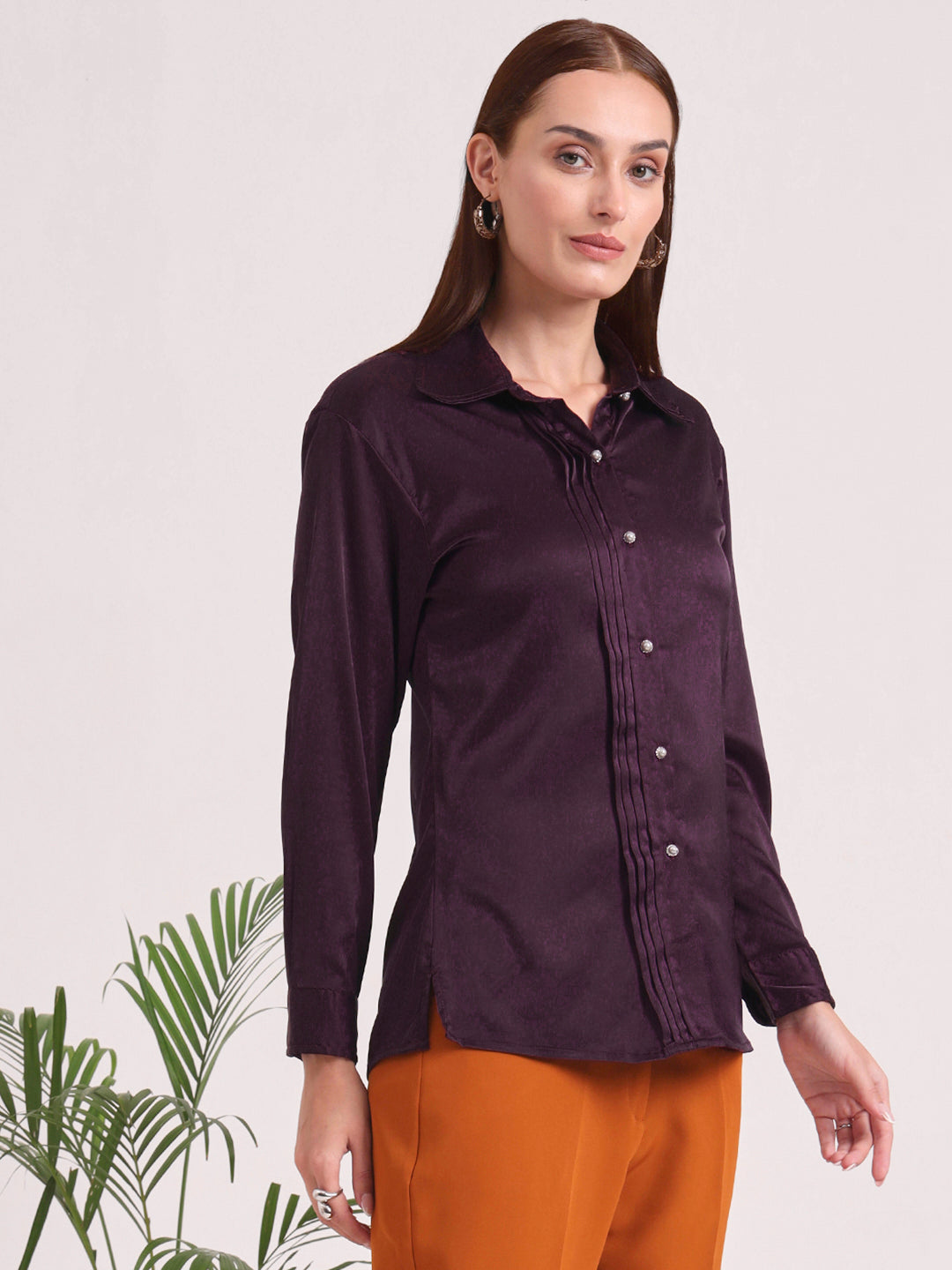 Tailored Fit European Satin Shirt With Pleated Placket
