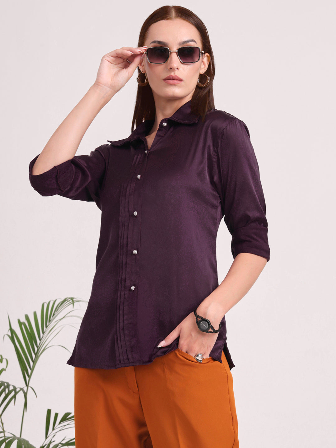 Tailored Fit European Satin Shirt With Pleated Placket