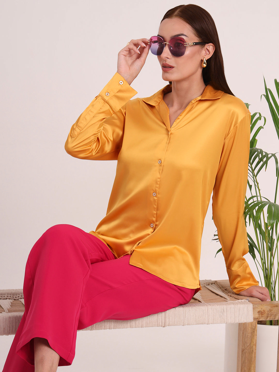 Women's European Satin Spread Collar Shirt