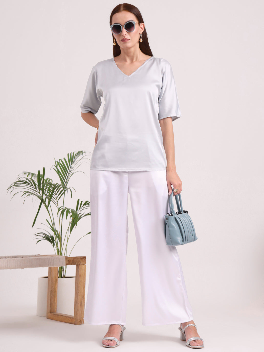 Women's European Satin Flared Pleated Trouser