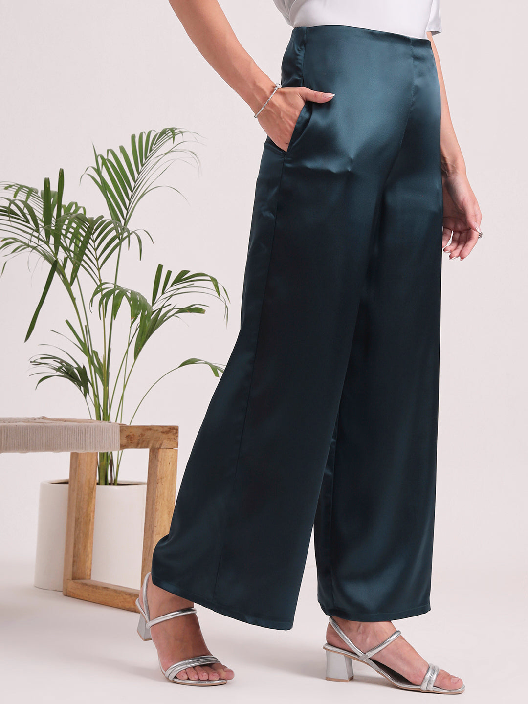 Women'S European Satin Regular Fit Flared Trouser